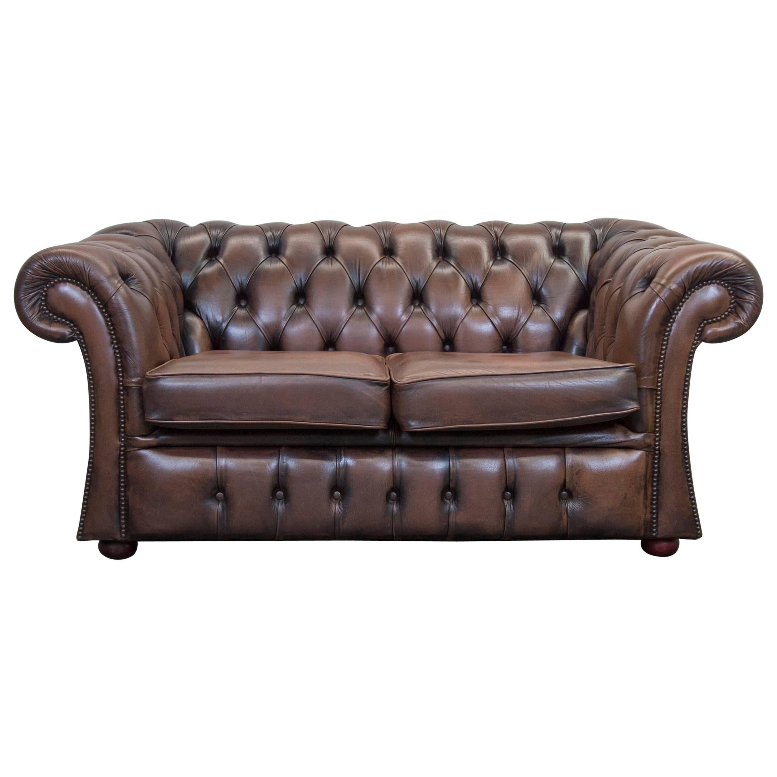 Chesterfield Leather Sofa Brown Two-Seat Couch Retro Vintage