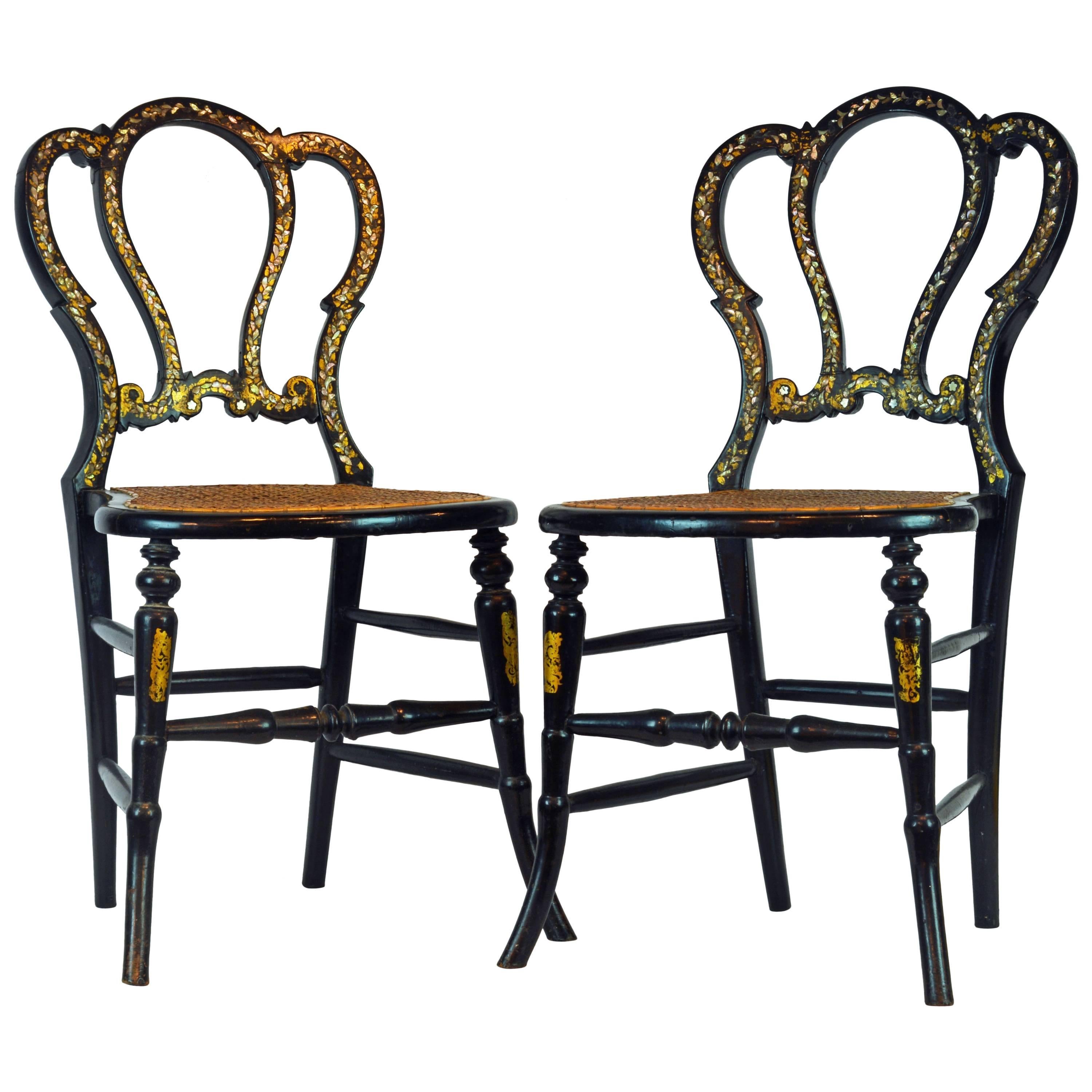 Pair of Lovely 19th Century Ebonized and Mother-of-Pearl Inlaid Bedroom Chairs