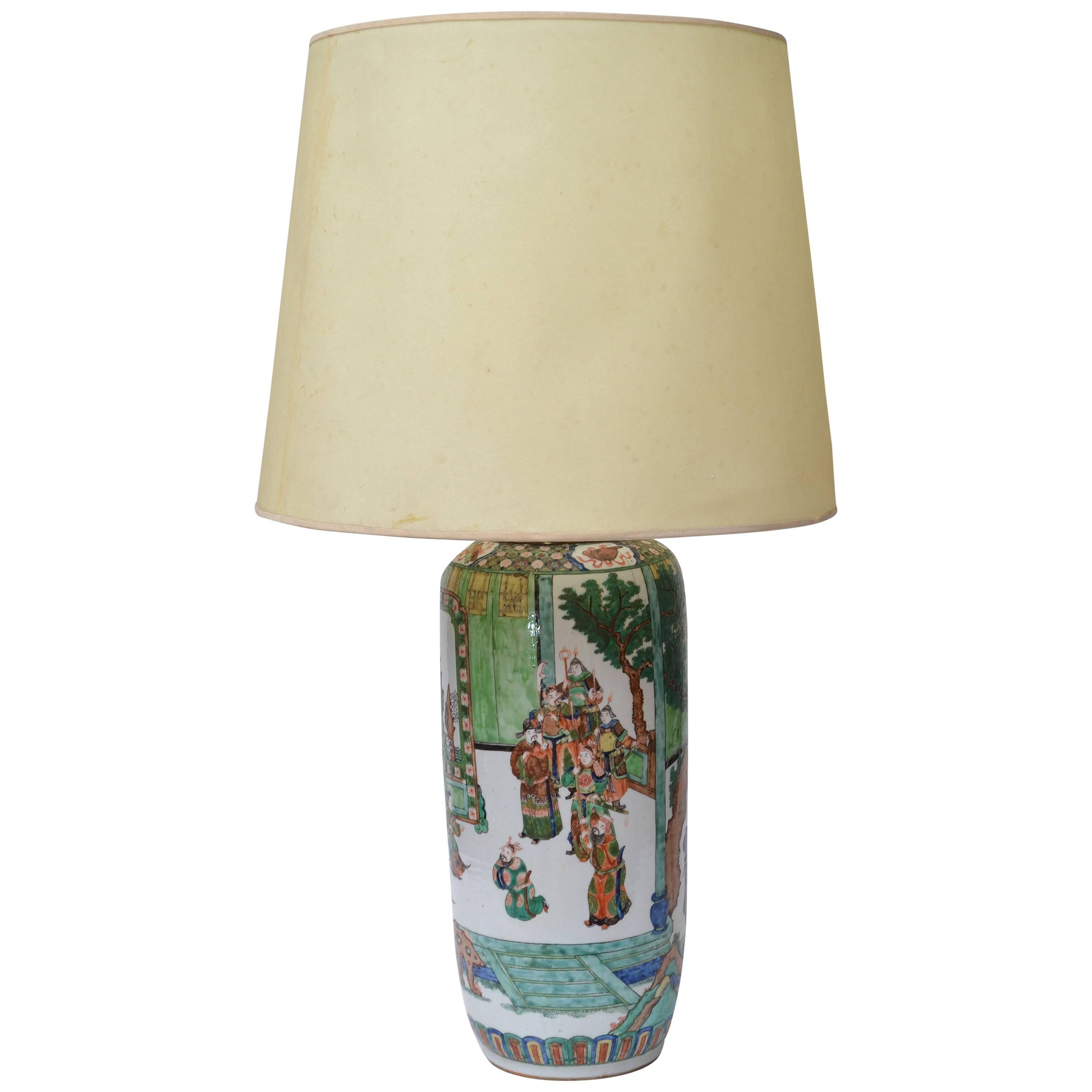 Signed Hand-Painted Chinese Porcelain Table Lamp with Original Shade For Sale