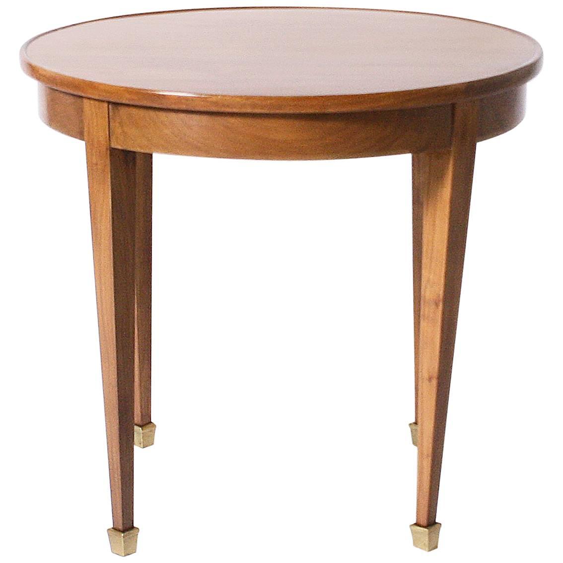 Small Round Merisier Cigarette Table with Brass Sabots, circa 1940