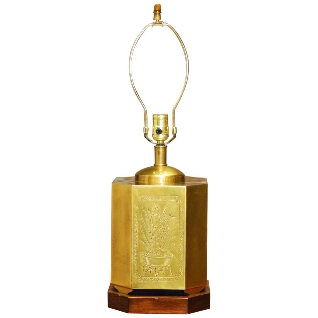Chinese Incised Brass Tea Canister Table Lamp