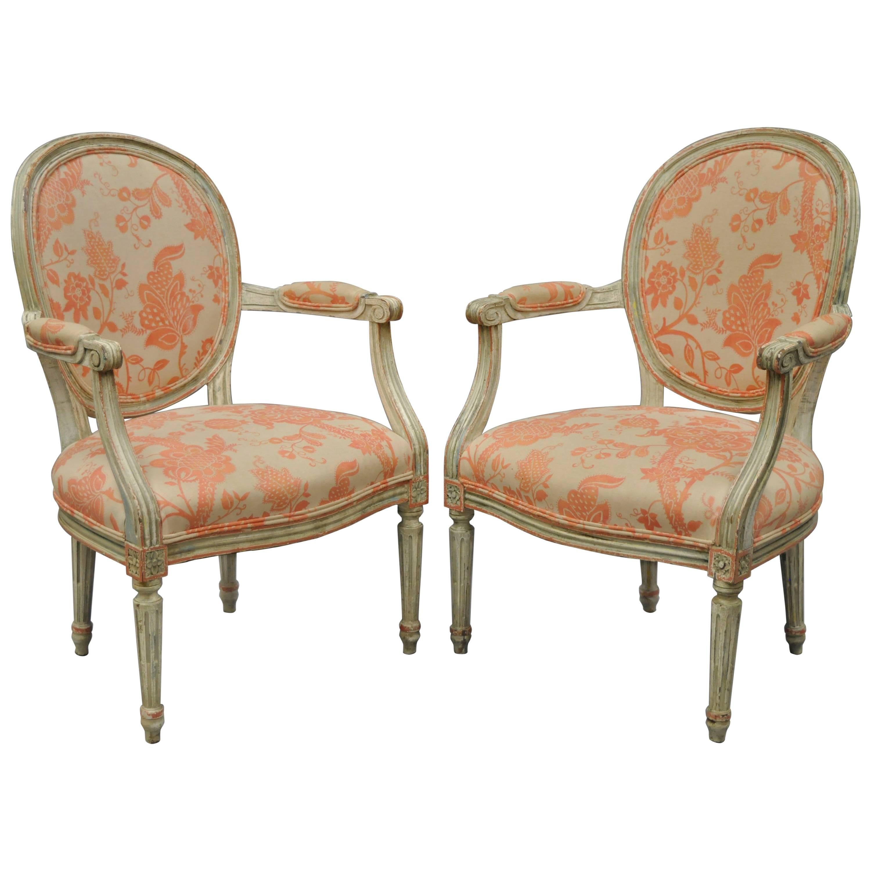 Pair French Louis XVI Cream Peach Green Distress Painted Fauteuil Arm Chairs