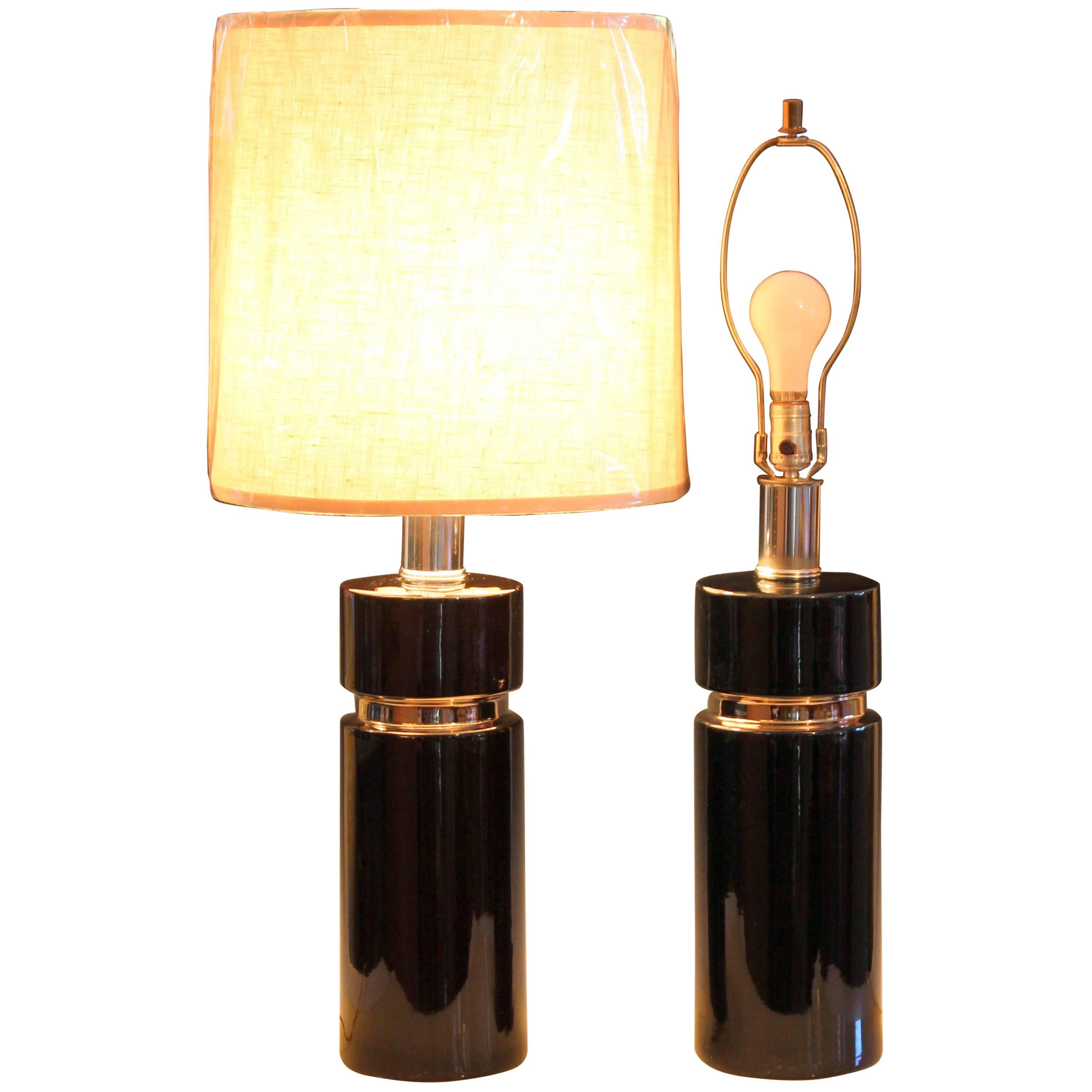 Sleek Gloss Black Chrome Platinum Pierre Cardin Style Ceramic Table Lamps, Pair