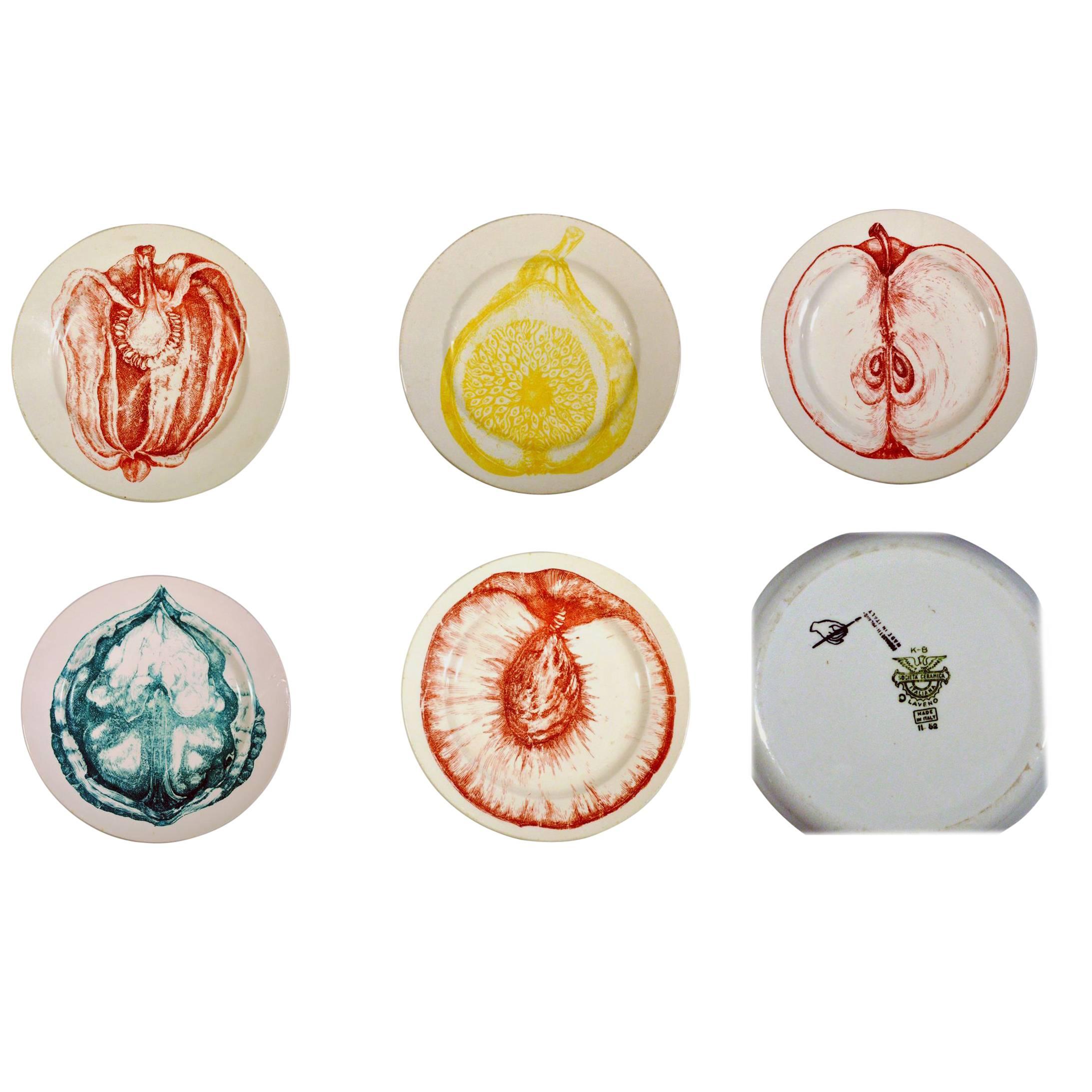 Piero Fornasetti Set of Five Fruit Plates, Sezioni Di Frutta, Dated 1952