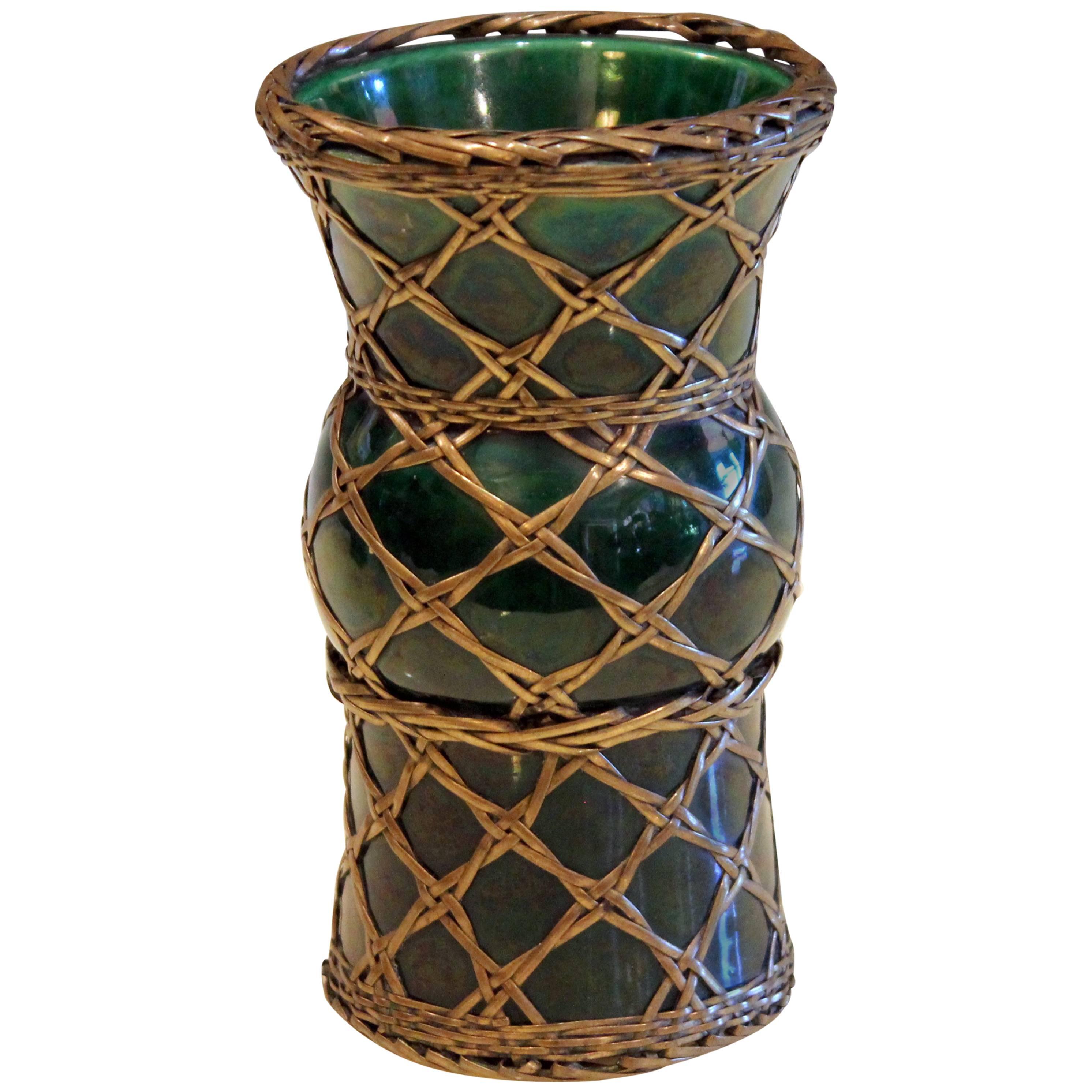 Antique Awaji Pottery Gu Form Vase Brass Weaving
