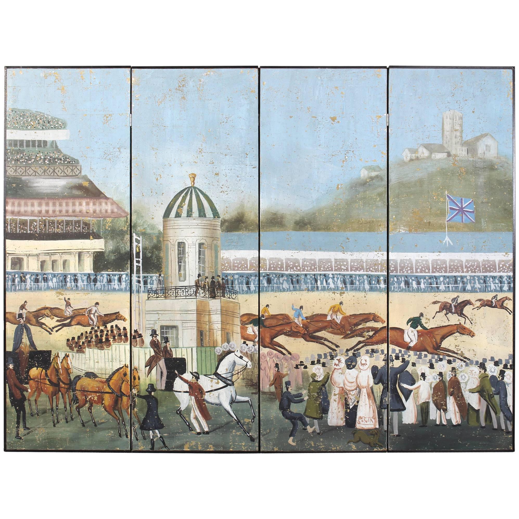 Large Four-Panel Hand-Painted Screen