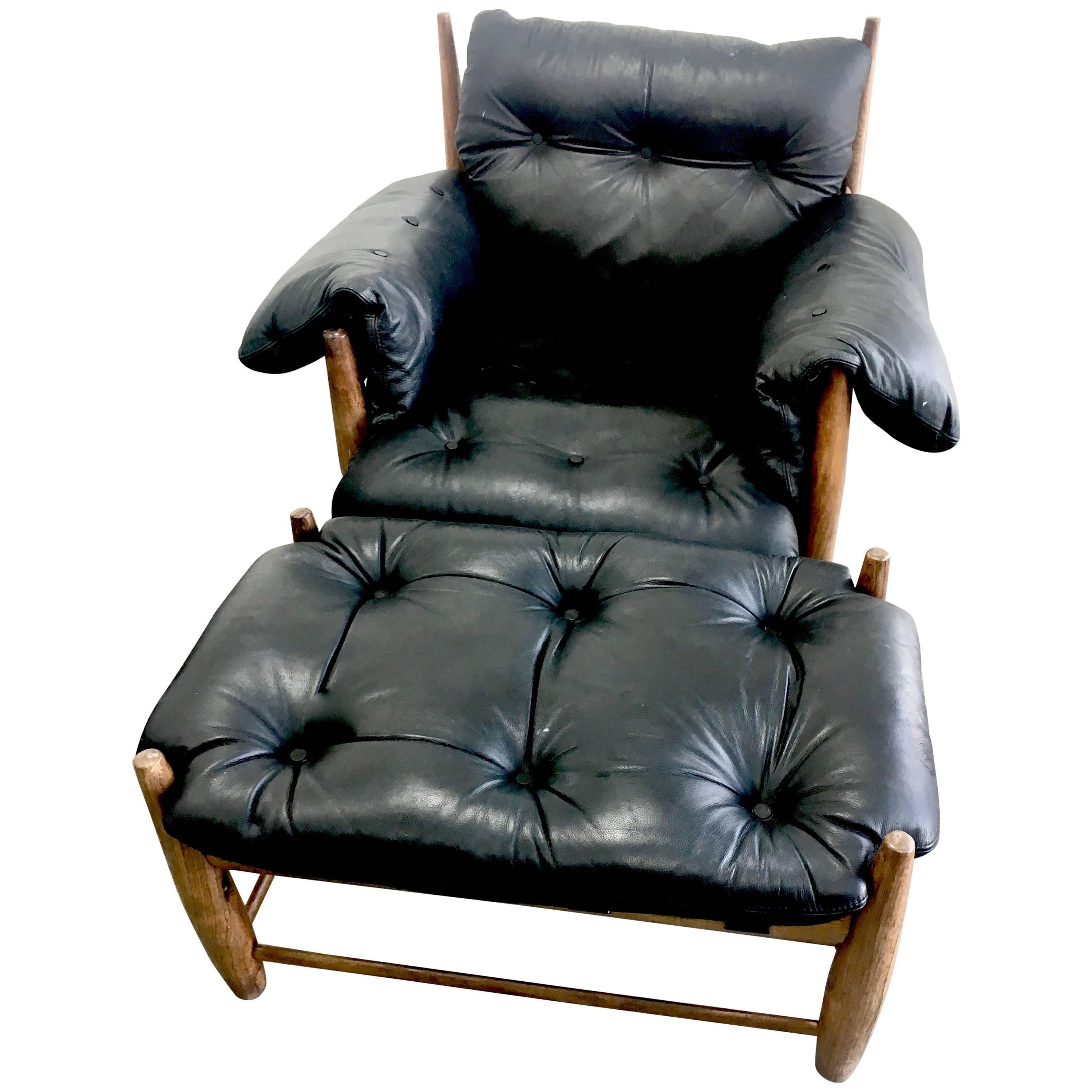 Sergio Rodrigues Black Leather Mole Chair and Ottoman