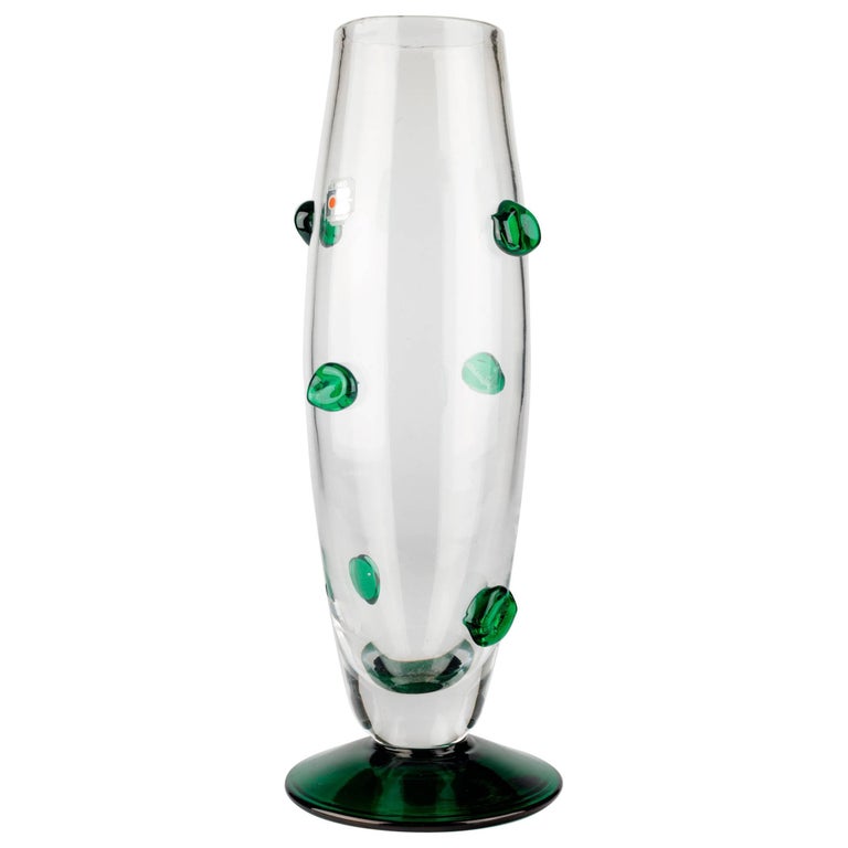Large Green and Clear Handblown Glass Vase by Blenko For Sale at 1stdibs