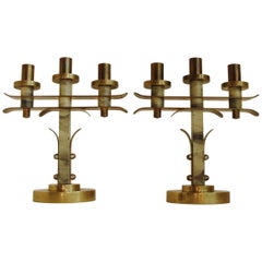 Pair of Belgian Art Deco Cast Brass and Faux Painted Marble Triple Candleholders