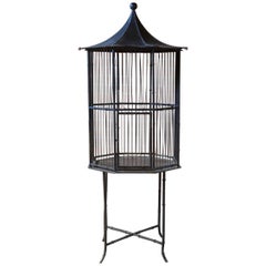 Vintage Chinoiserie Faux Bamboo Pagoda Standing Bird Cage