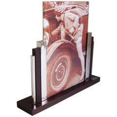 Vintage English Art Deco Chrome & Brown Bakelite Mid-Size Desk Frame with Bevelled Glass