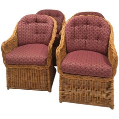 Set of Four Rattan Wicker Armchairs Dining Tub Barrel Retro Removable Cushion