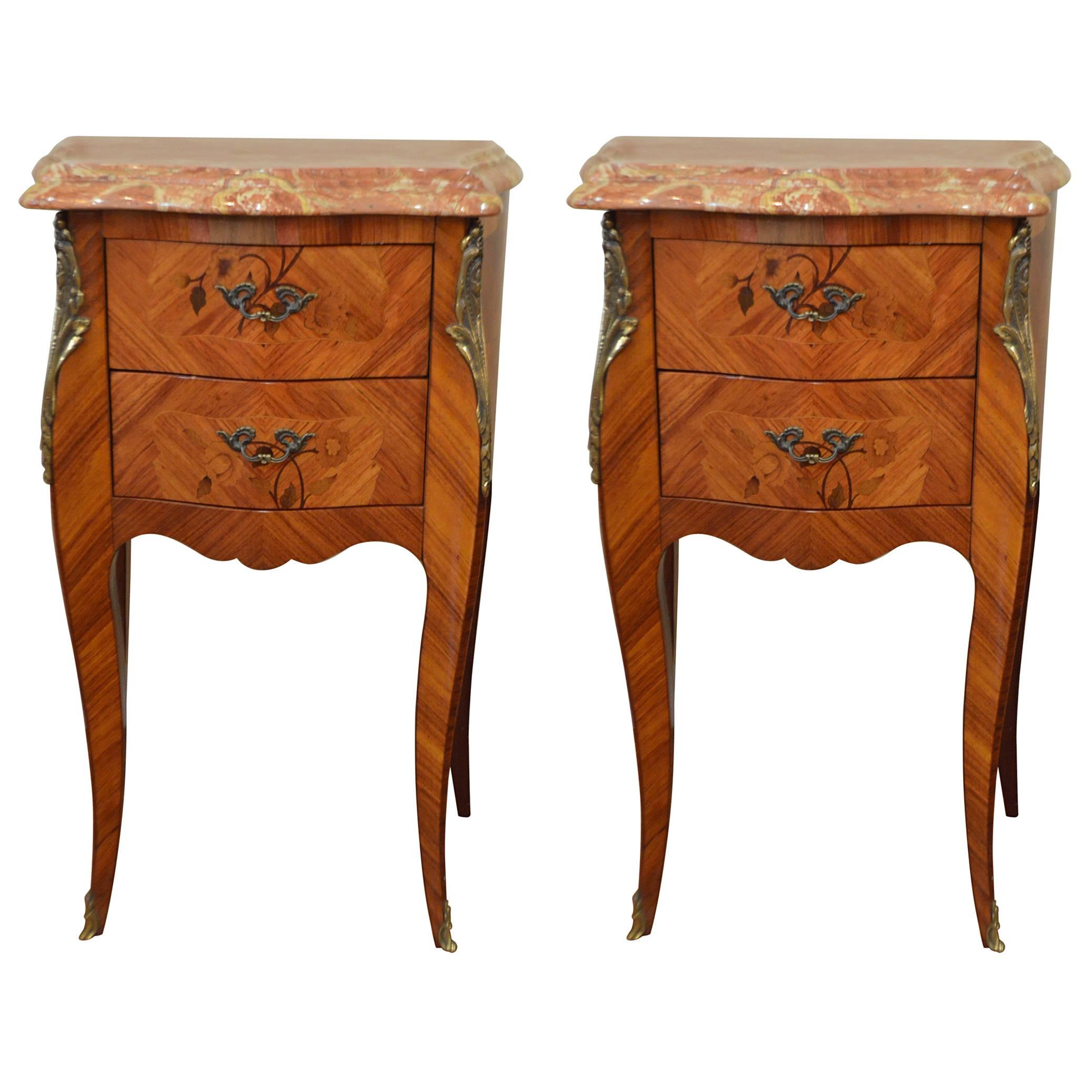 Pair of Louis XV Style Inlay Side Tables, Two Drawers and Marble Topsop