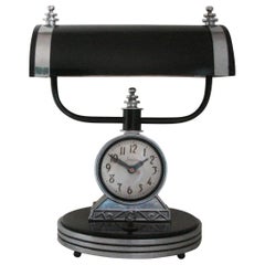 American Art Deco Chrome & Black Markel Desk Lamp & Sessions Clock Combination