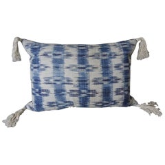 Late 18th Century Antique French Indigo Blue Flamme Ikat Tassels Pillow