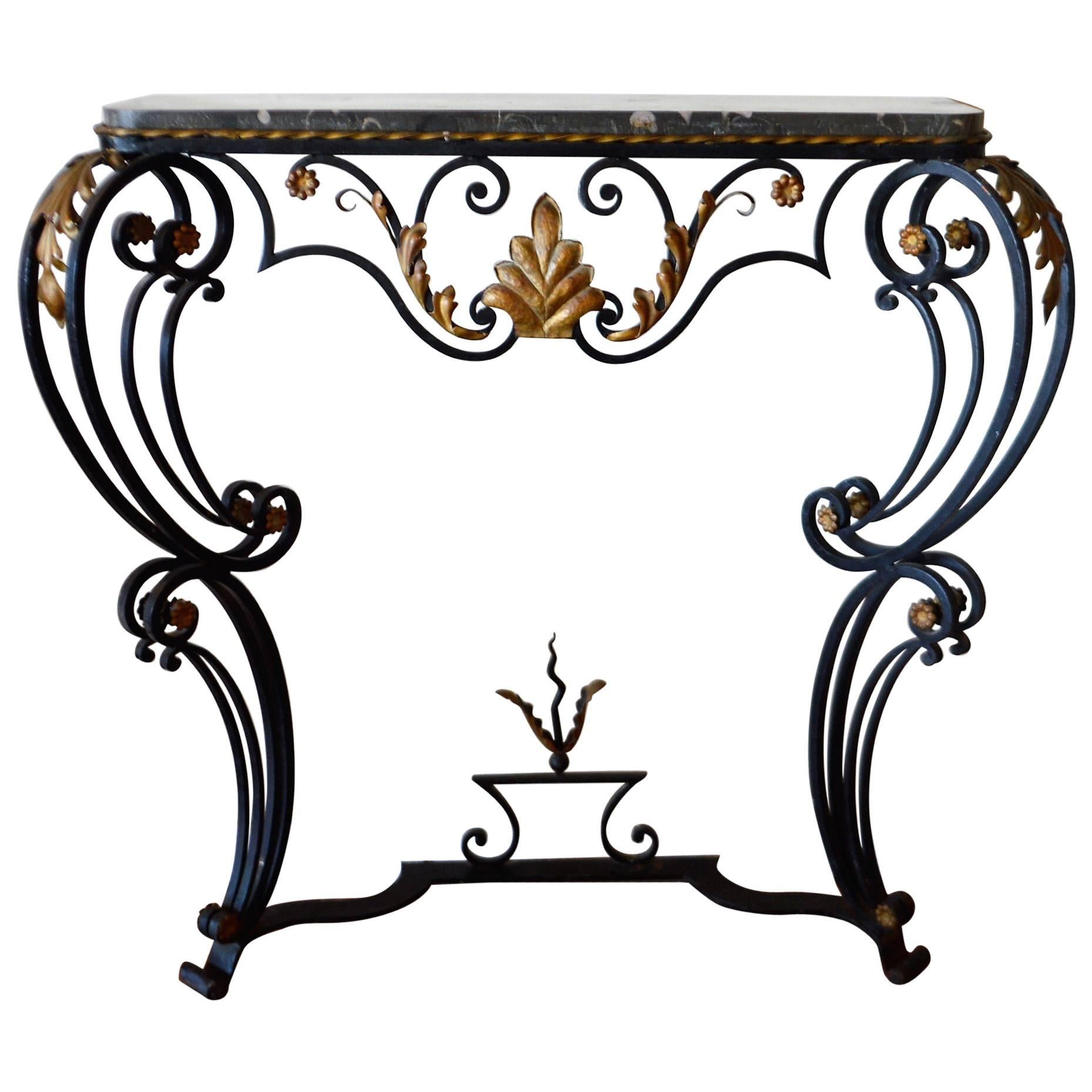 Louis XV Style Hand-Forged Black Wrought Iron Console with Gilt and Marble Top For Sale