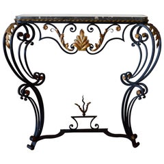 Louis XV Style Hand-Forged Black Wrought Iron Console with Gilt and Marble Top