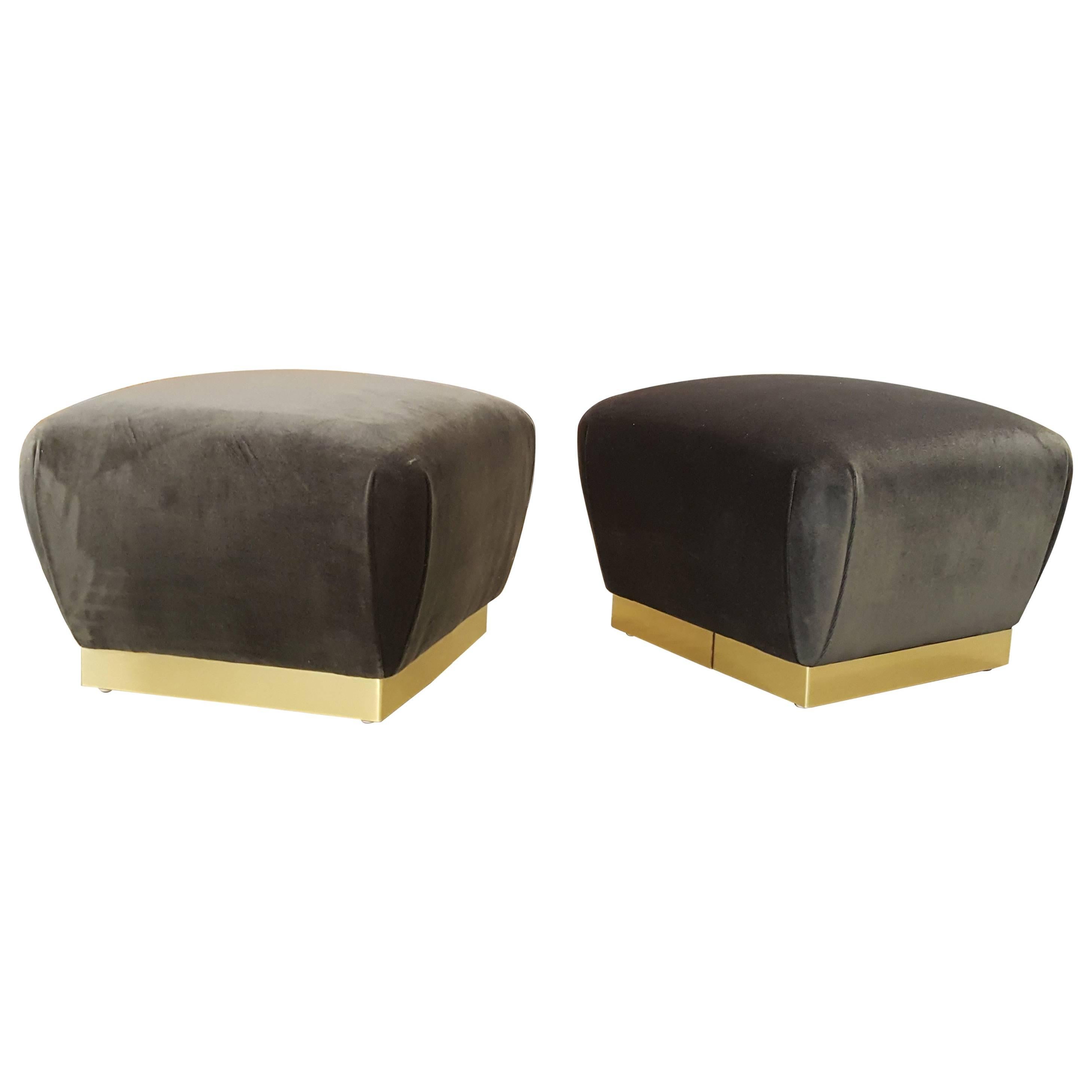 Luxe Pair of Petite Souffle Poufs in Brass and Mohair, Style of Springer, 1970s