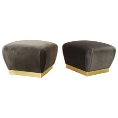 Luxe Pair of Petite Souffle Poufs in Brass and Mohair, Style of Springer, 1970s