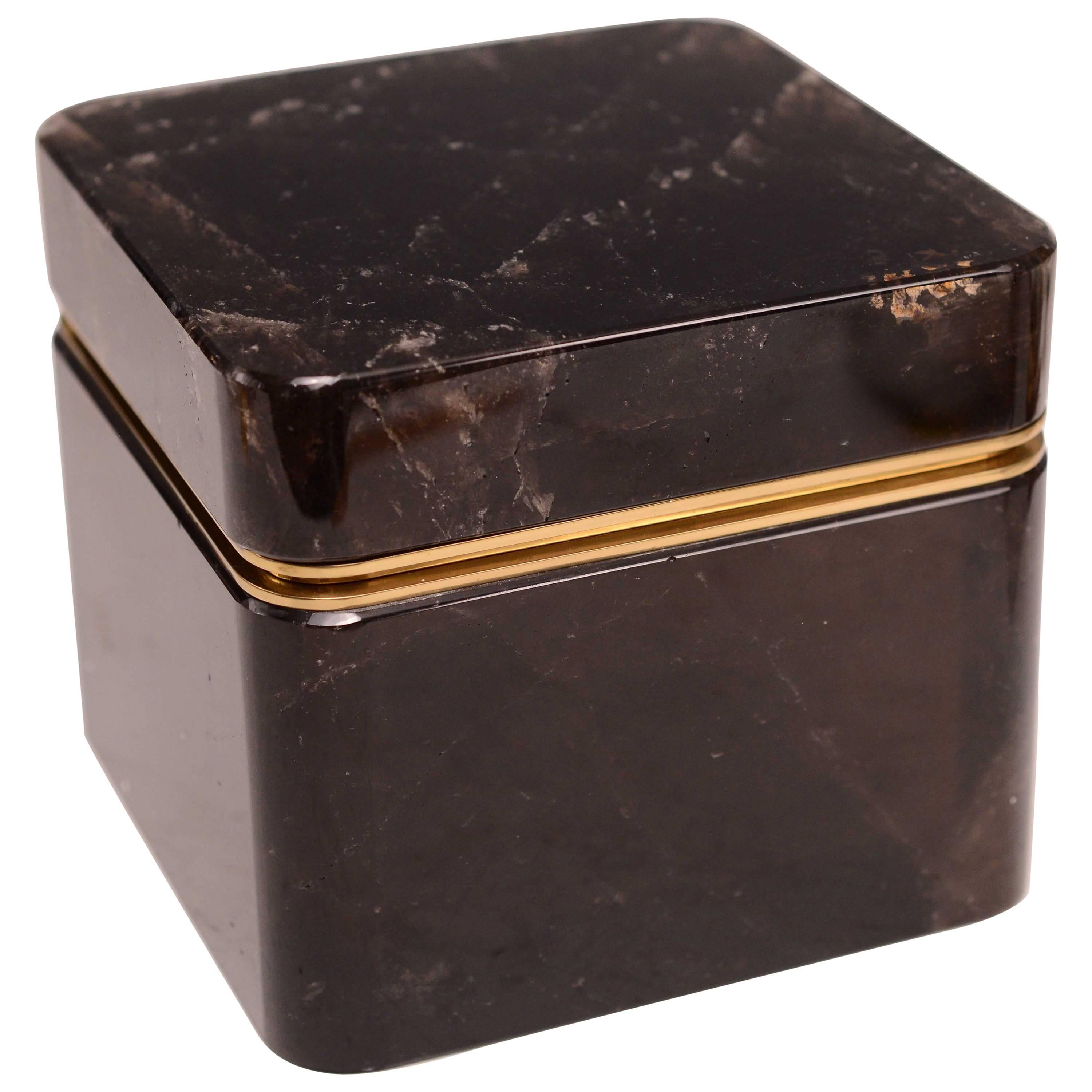 Boîte carrée en cristal de roche marron foncé avec couvercle