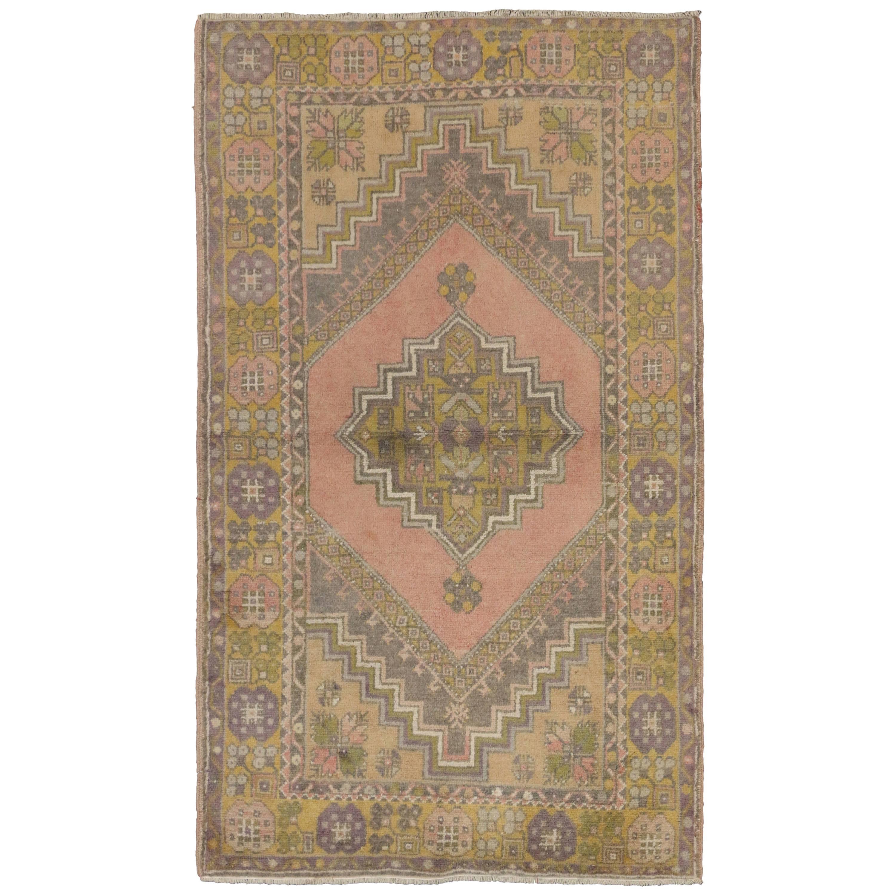 Vintage Turkish Oushak Accent Rug with French Provincial Style, Small Accent Rug For Sale