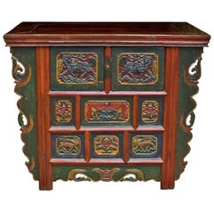 19th Century Tibetan Deep Chest, Hand-Carved, Hand-Painted