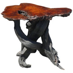 Vintage Japanese Burl Top Table with Shou Sugi Ban Driftwood Base