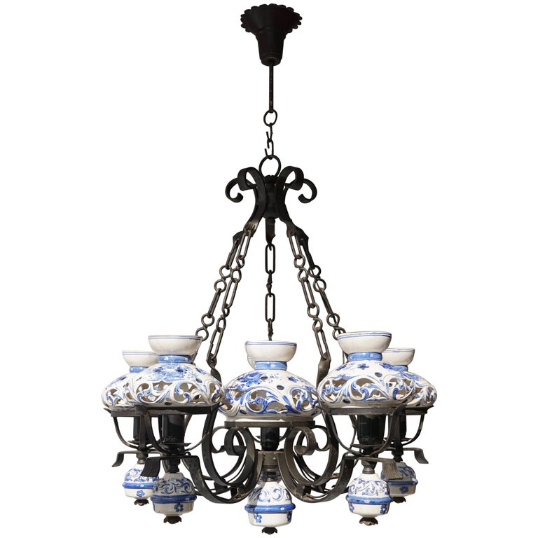 Unique And Beautiful Antique Delft Blue Oil Lamp Chandelier For Unique And Beautiful Antique Delft Blue Oil Lamp Chandelier For
