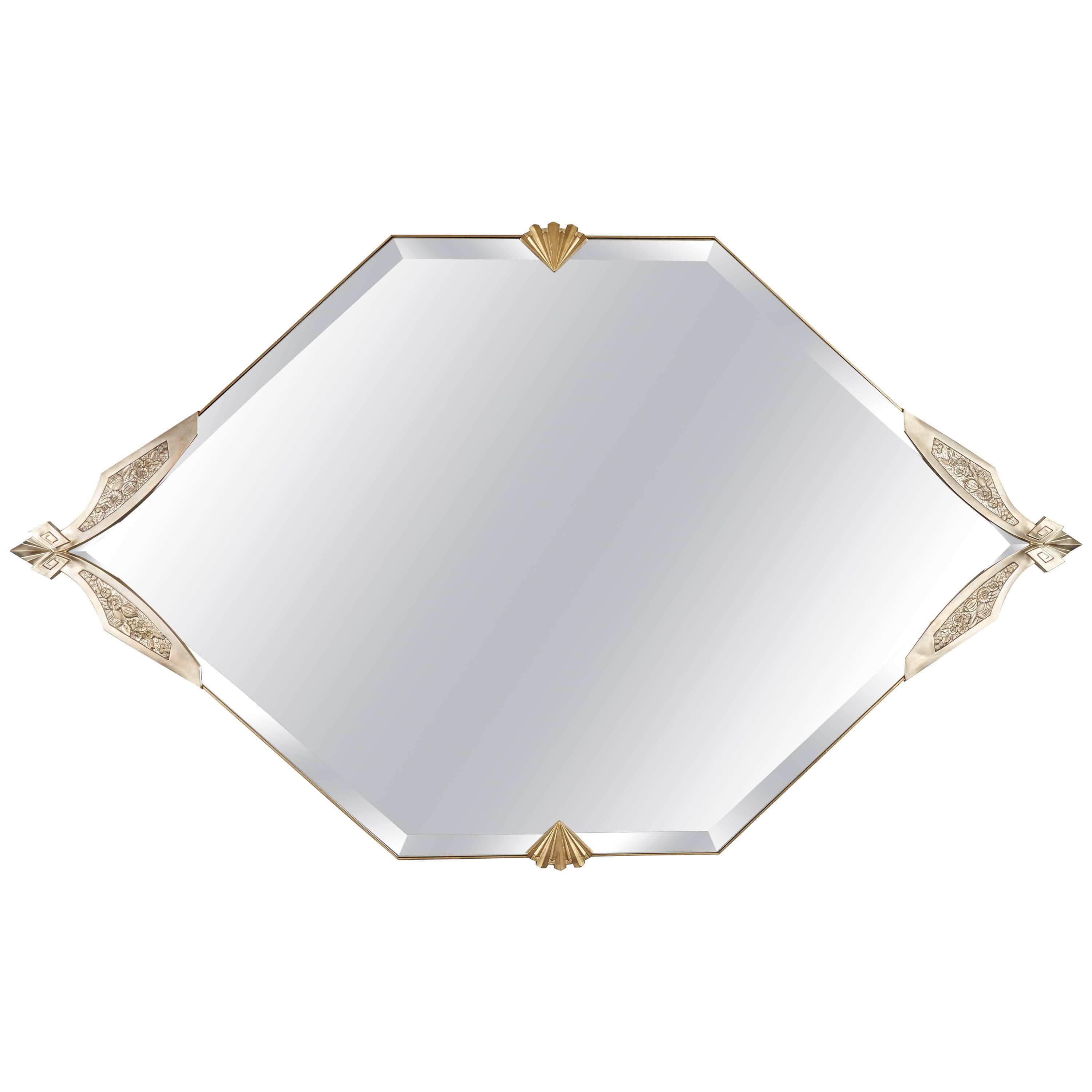Very Large French Art Deco Diamond Shaped Mirror, White Gold over Bronze Finish