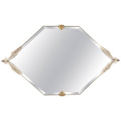 Antique Very Large French Art Deco Diamond Shaped Mirror, White Gold over Bronze Finish