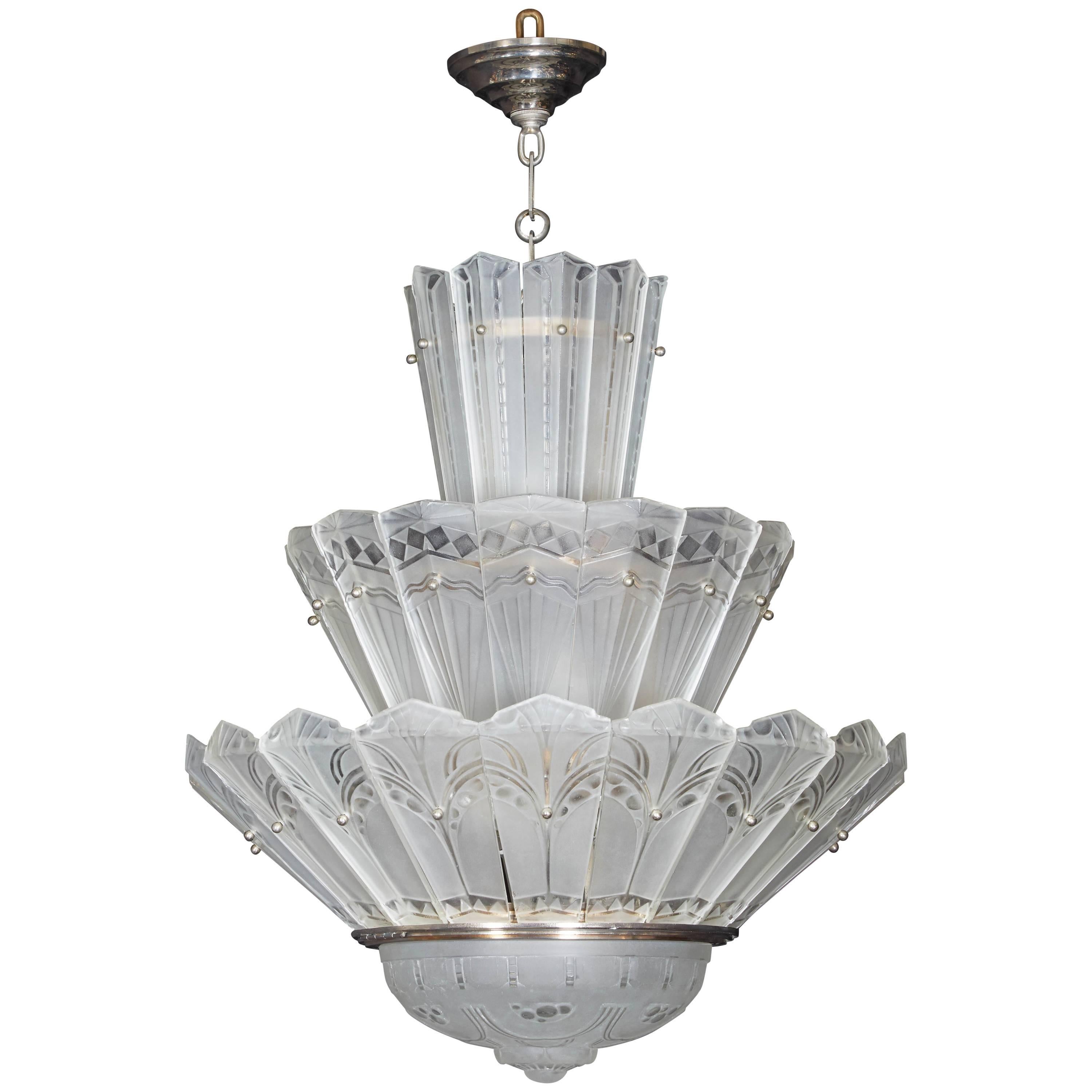 Rare Original French Art Deco Tiered Sabino Chandelier For Sale