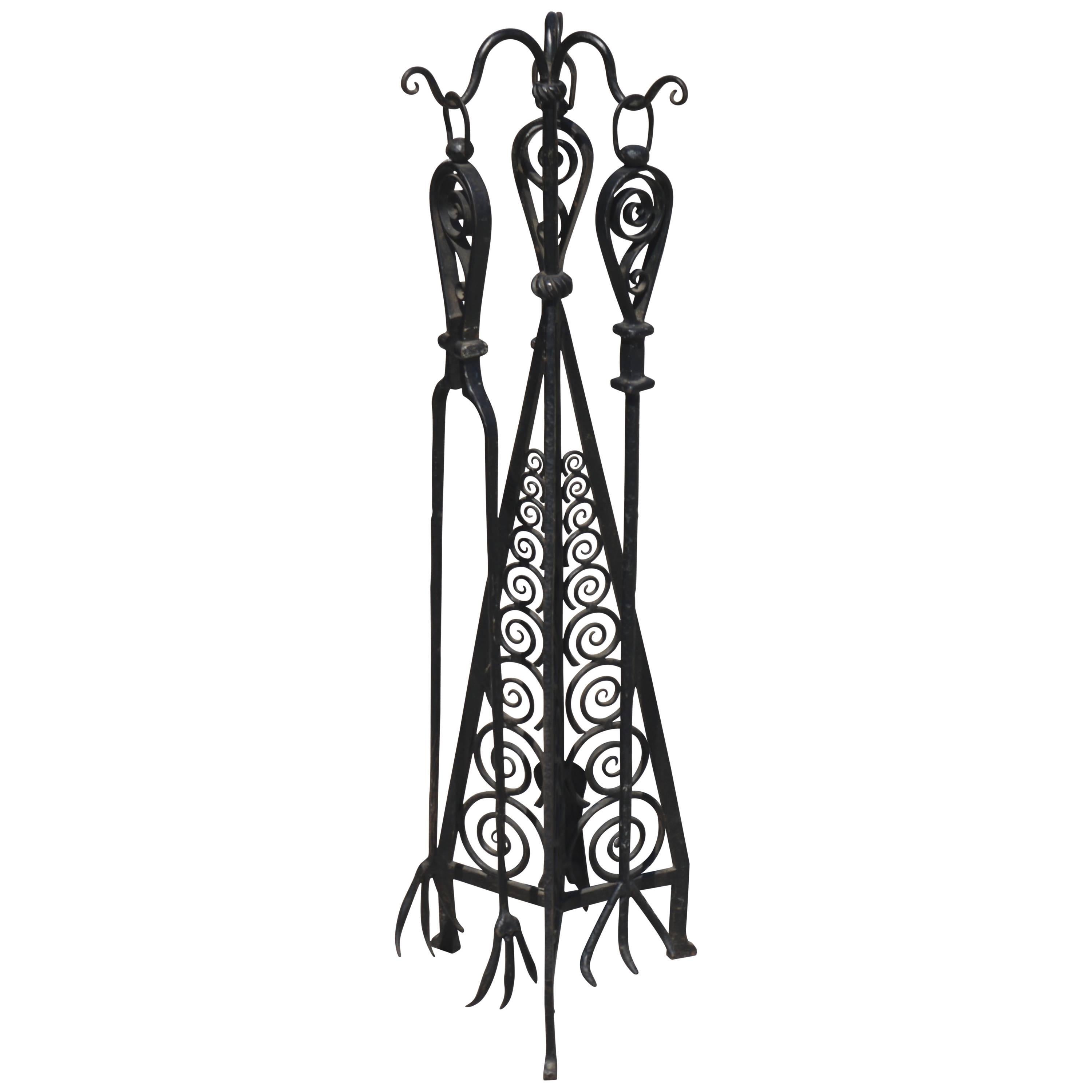Wrought Iron Fireplace Toolset Attributed to Paul Kiss For Sale