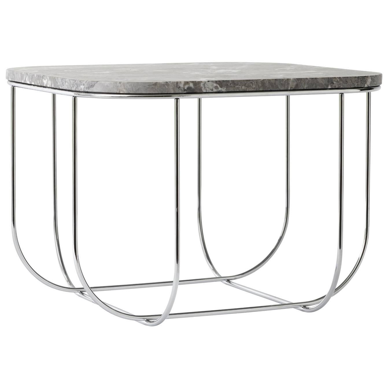 Cage Side Table by Form Us with Love, Chrome Metal Frame with Grey Marble Top