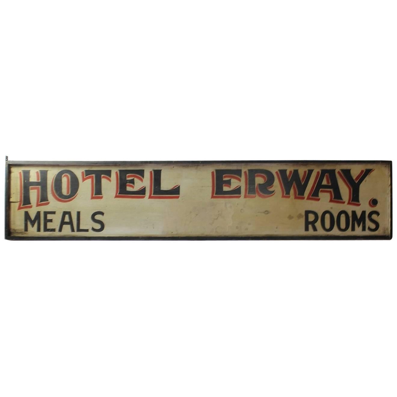 Antique Double-Sided Hand-Painted Wood "Hotel Erway" Board For Sale
