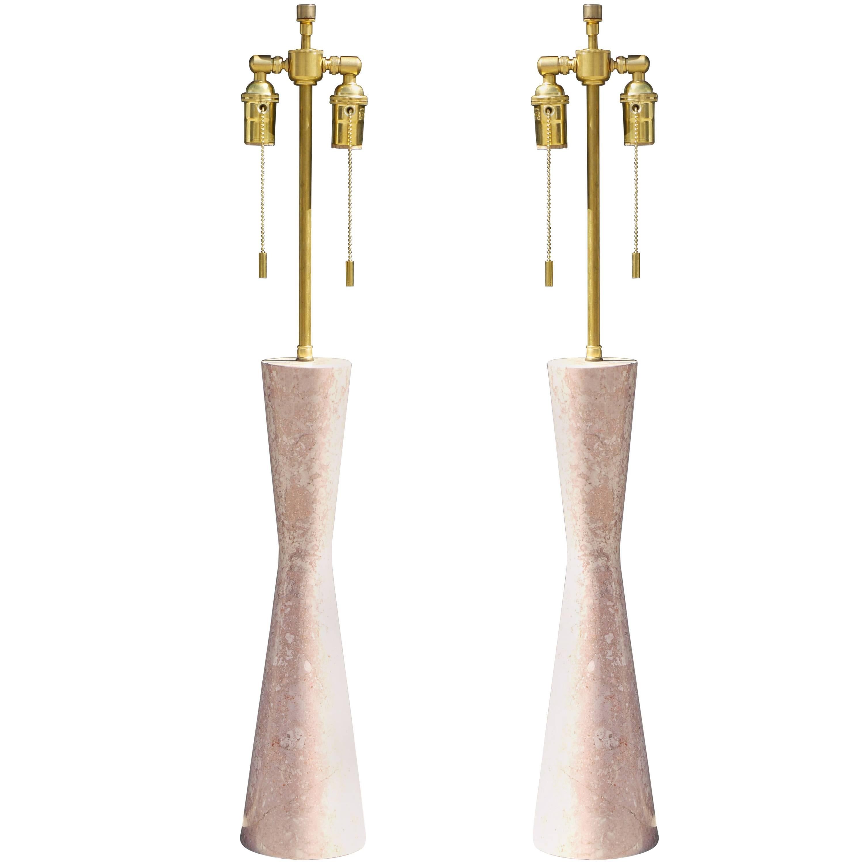 Midcentury Pair of Italian Corseted Marble Lamps For Sale