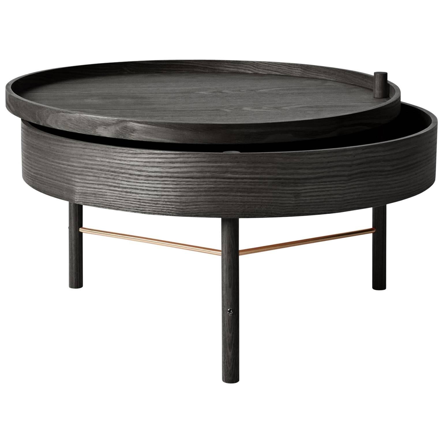 Turning Table by Theresa Arns, Coffee Table with Storage in Dark Oak and Brass