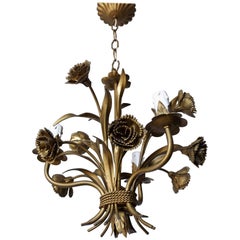 Midcentury Gilded Rose Flower Regency Chandelier, Italy, 1960s