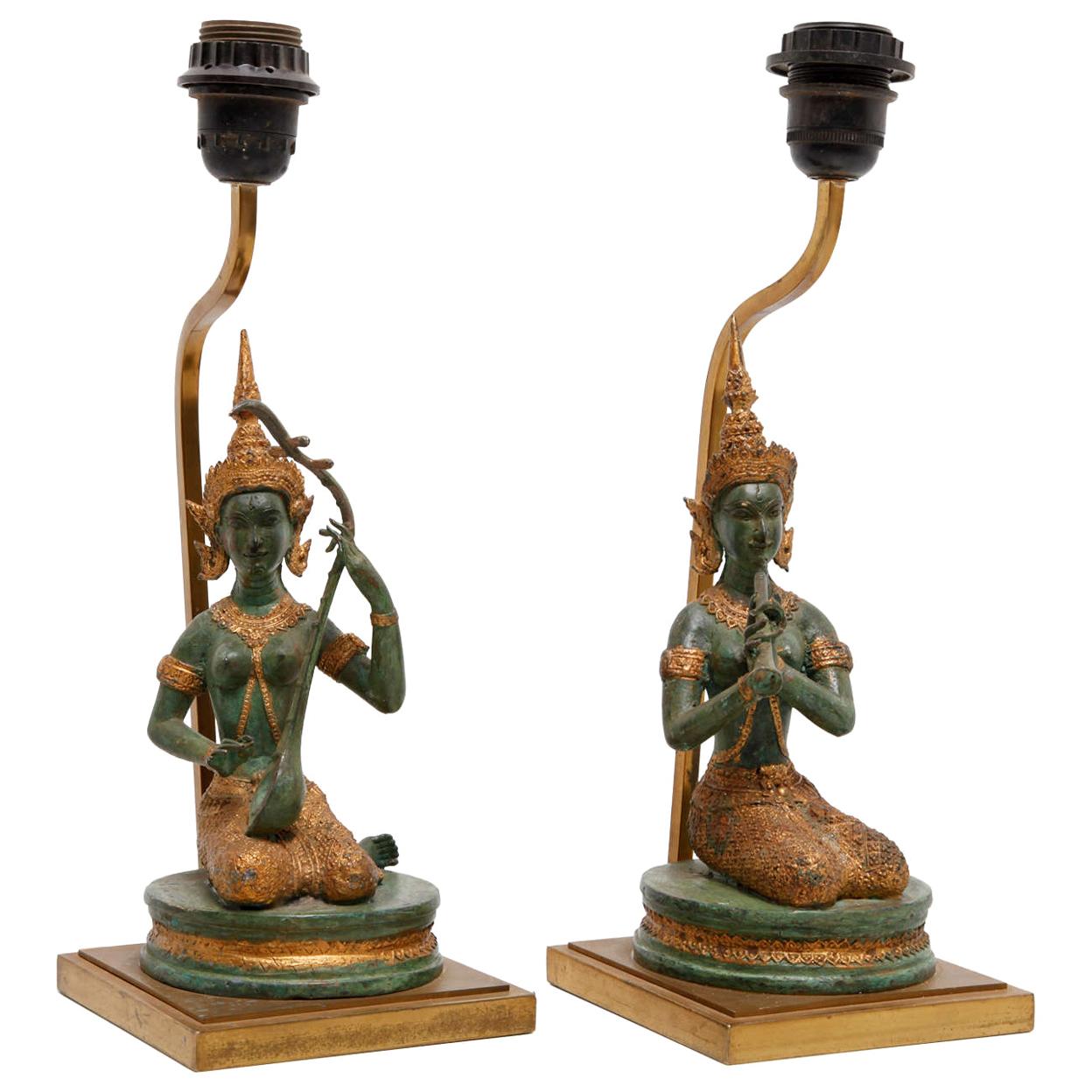 Table Lamps Set of Bronze Gilded Musicians , France 1970s