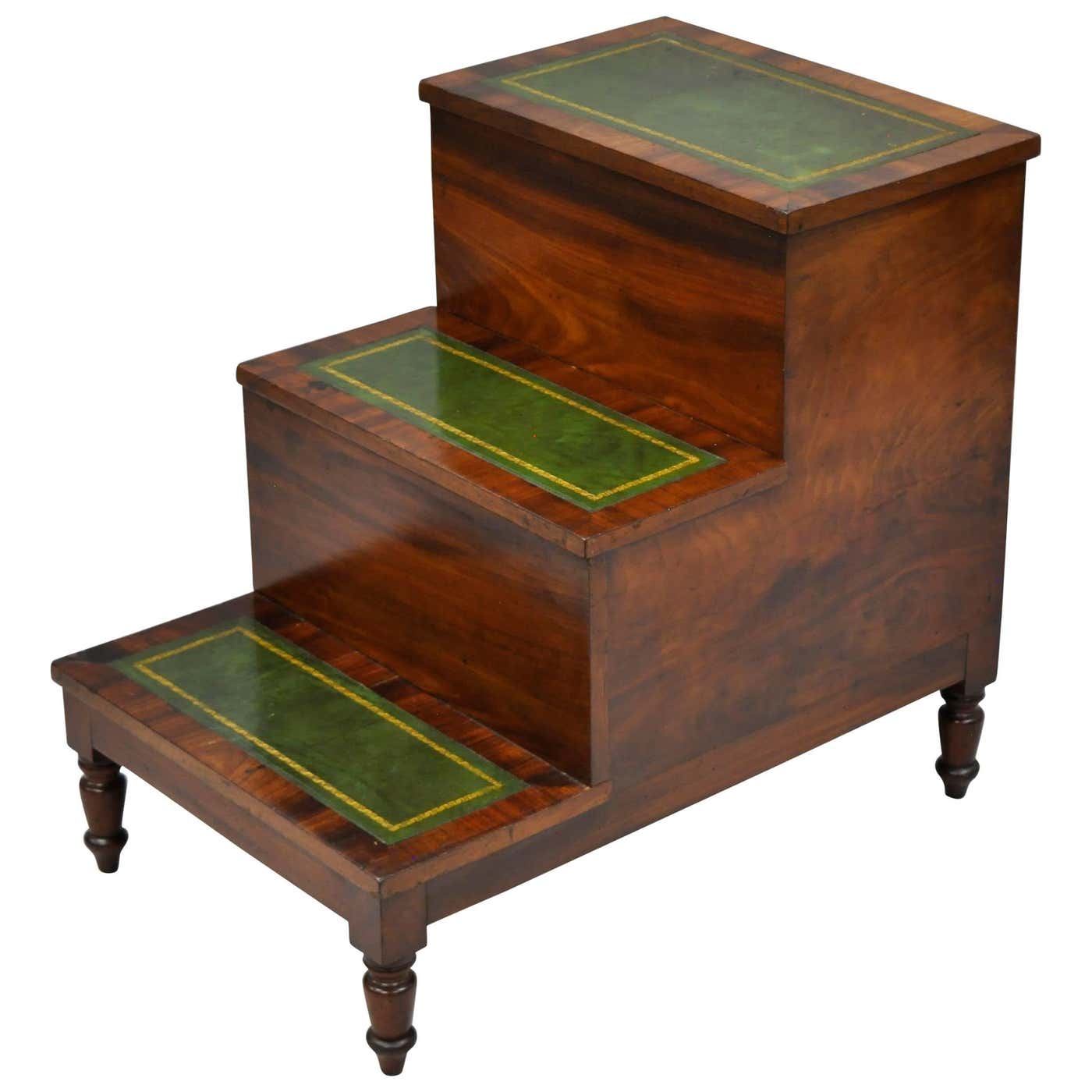 Antique English Regency Mahogany Green Leather Bed Steps Library Side ...