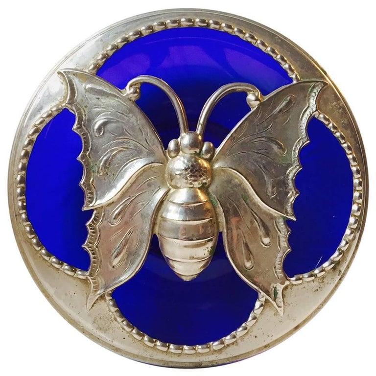 French Art Deco Blue Glass Butterfly Potpourri Bowl, 1920s For Sale at 1stDibs
