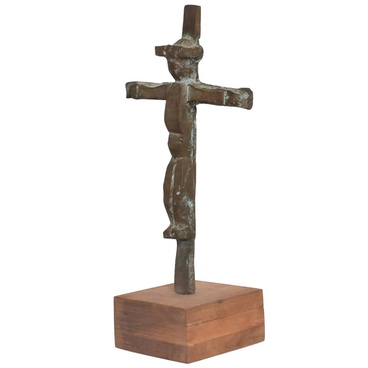 Myrna M Nobile Bronze and Wood Abstract Cross Sculpture