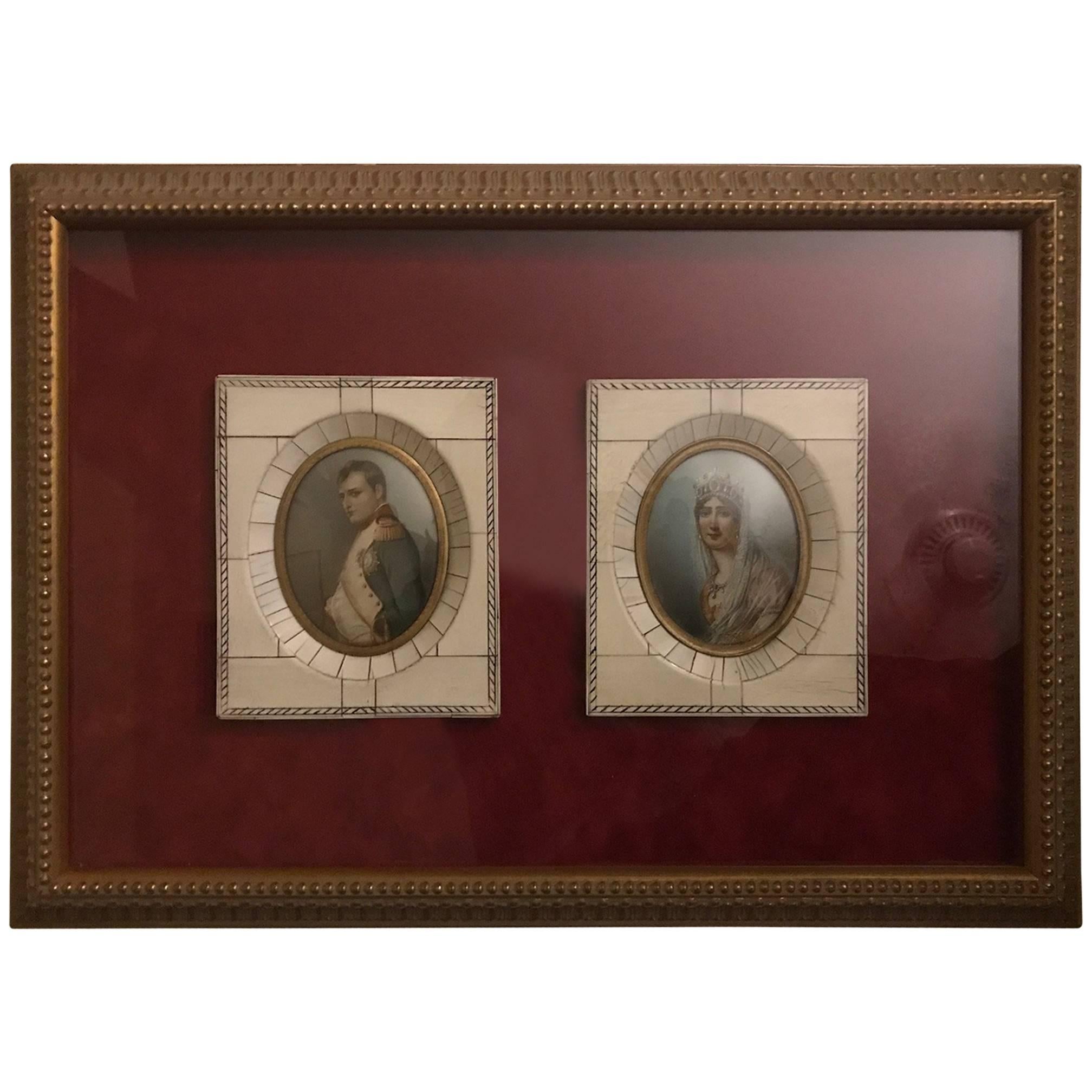Museum Framed Pair of Miniature Portraits of Napoleon and Josephine, 1840s