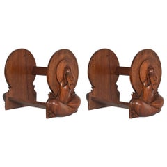 Pair of Art Deco Bookends in Solid Mahogany Wood