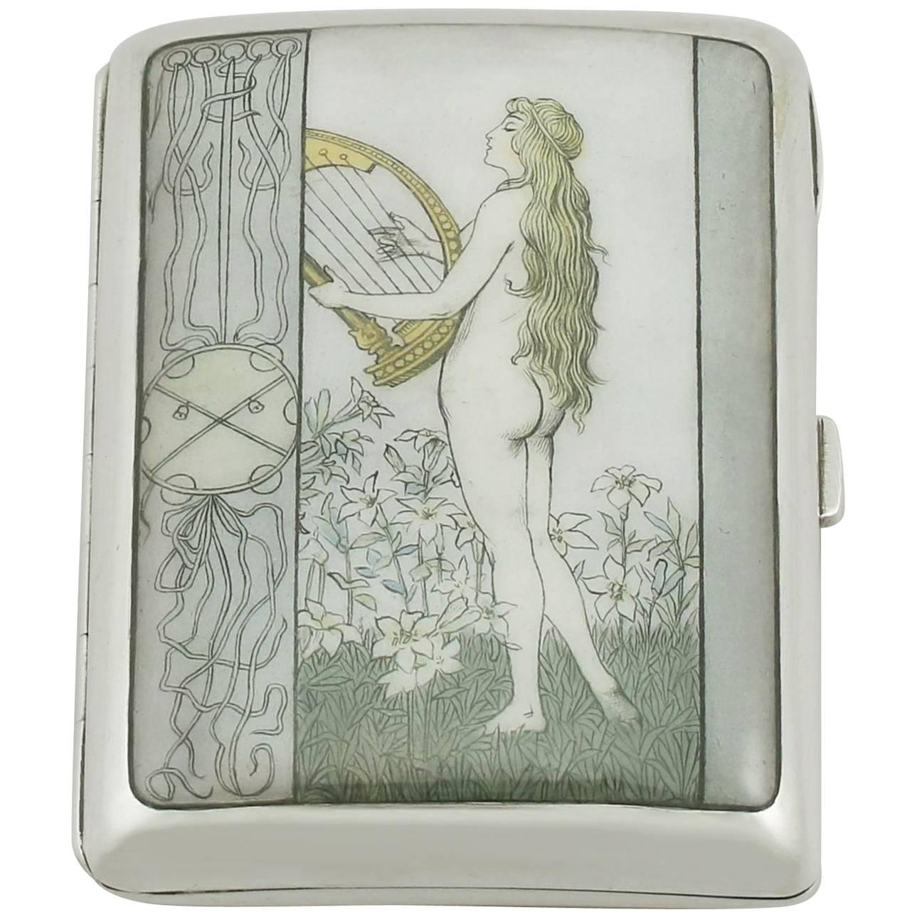 Art Nouveau Style Austro-Hungarian Silver and Enamel Cigarette/Card Case