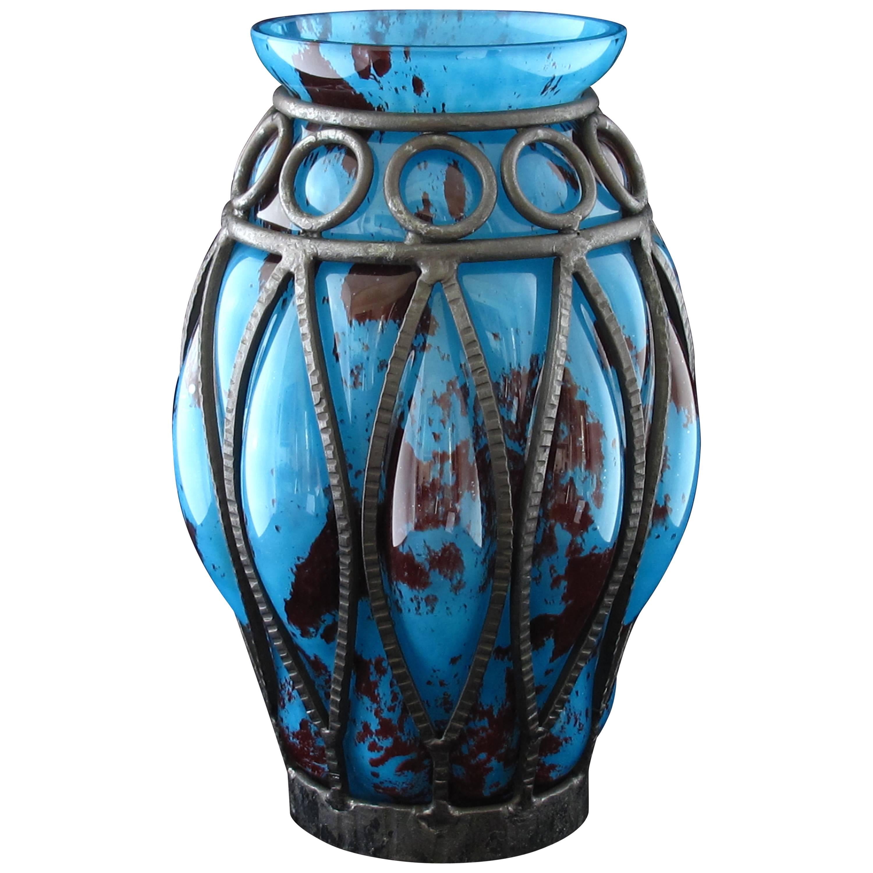 Art Deco Daum and Majorelle Glass and Wrought Iron Vase For Sale