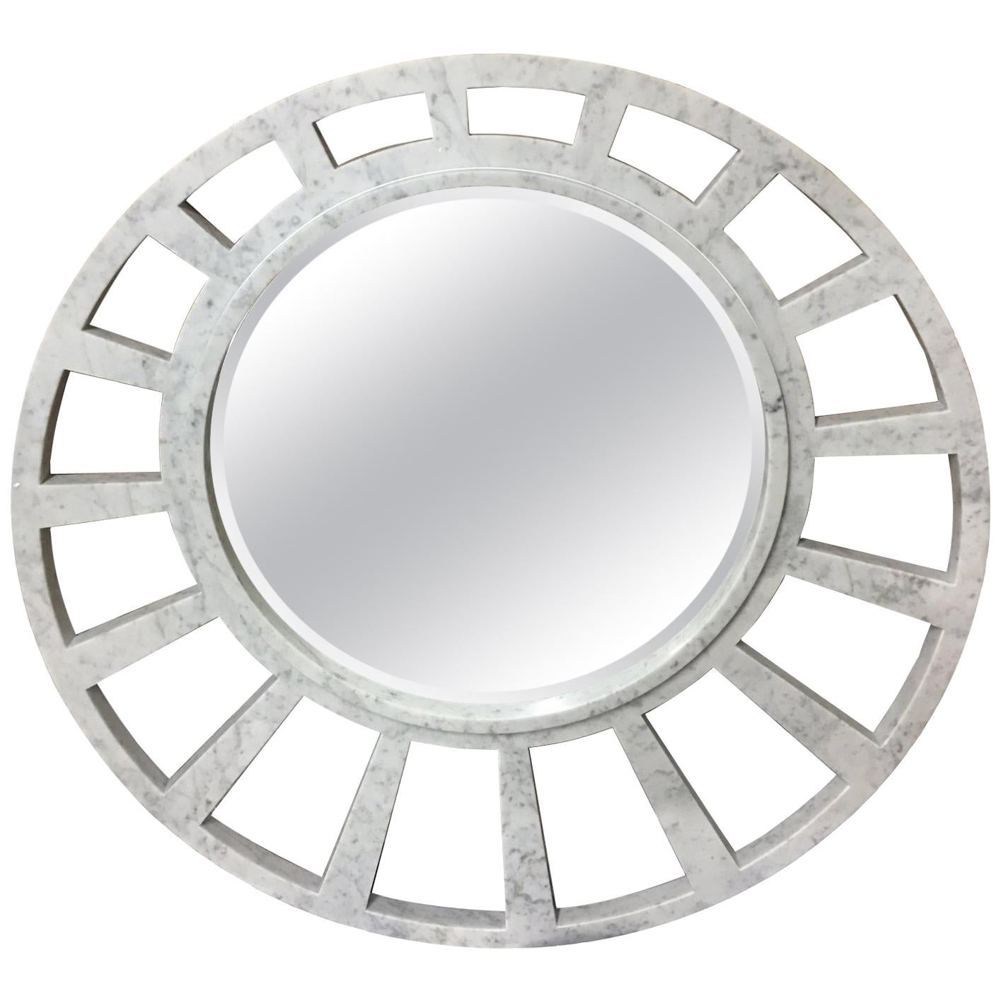 Italian White Carrara Marble Mirror, Modern Round Sunburst by Massimo Mangiardi For Sale