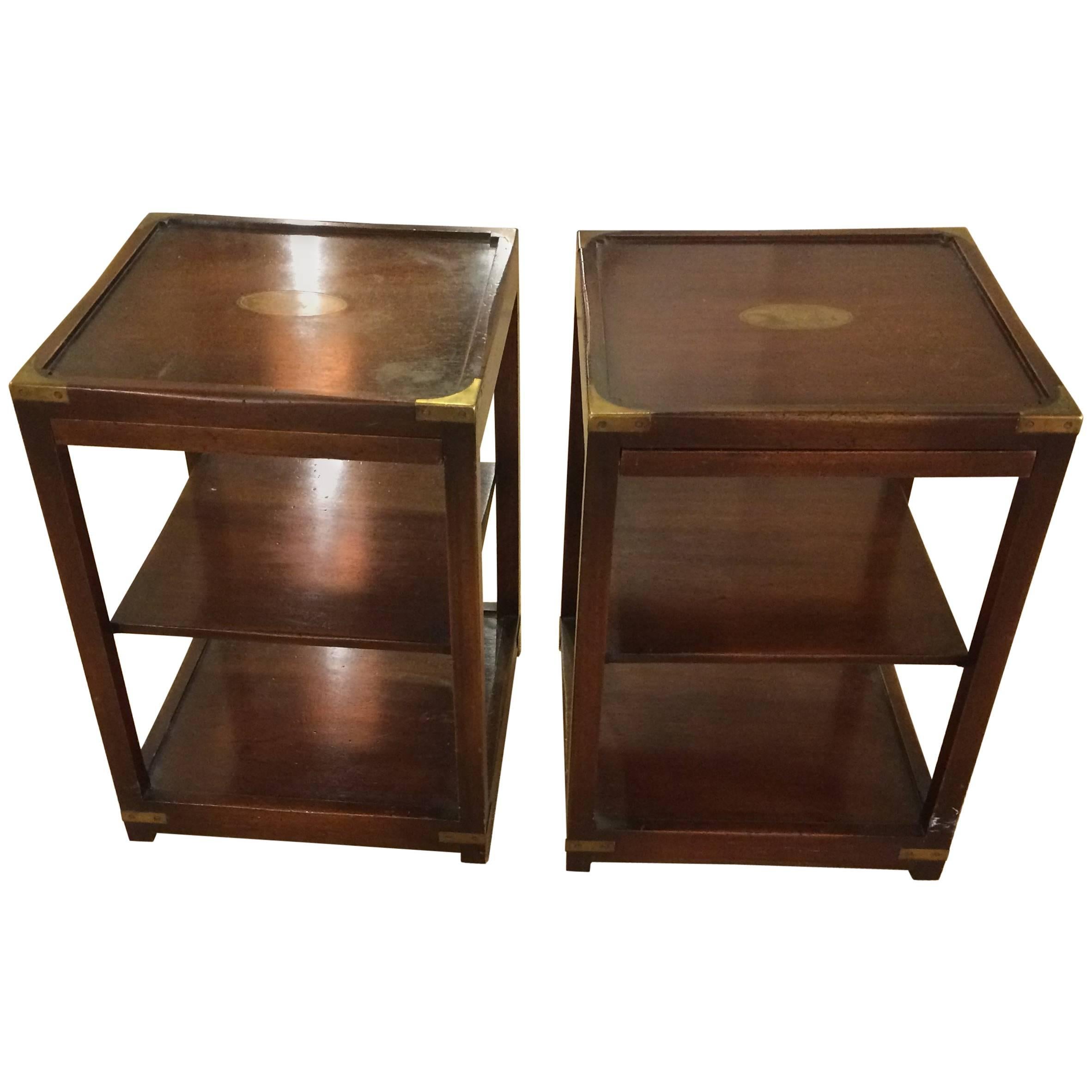 Stunning Pair of Campaign Three-Tier Mahogany and Brass Side End Tables