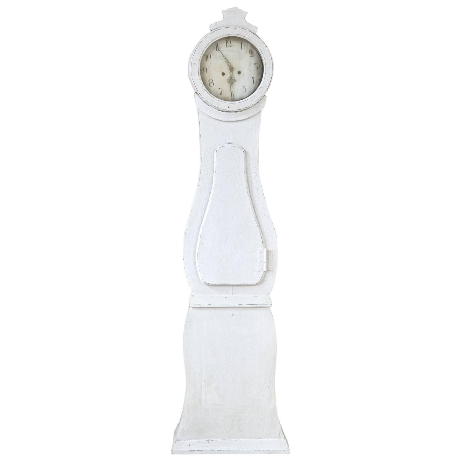 Early 1800s Swedish Mora Clock White Paint Carved Detail Hand-Painted