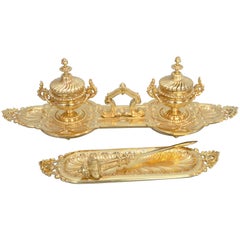 Late 19th Century Gilt Bronze Desk Set with Inkwell, Letter Opener and Basket