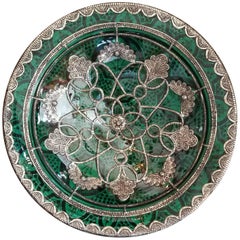 Decorative Metal Inlaid Moroccan Hand Painted Plate-Hunter Green